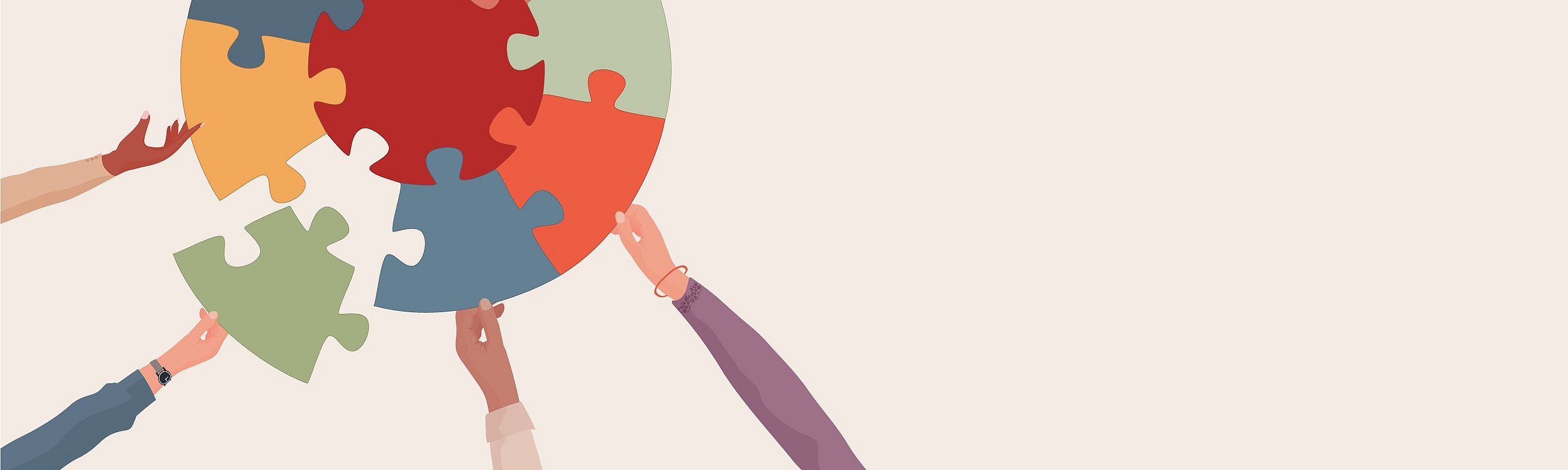 Hände, die Puzzleteile in die Mitte halten